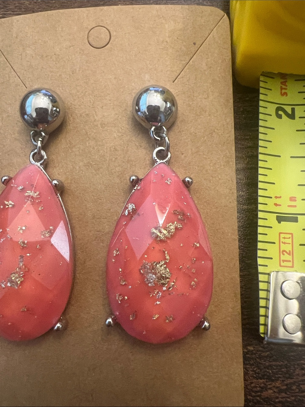 Coral Teardrop Dangle Earrings with Gold Flake Accents - Picture 2 of 4